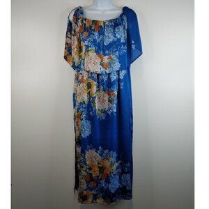 ZARA Cold shoulder Floral Blue  Maxi Dress Lined Size L